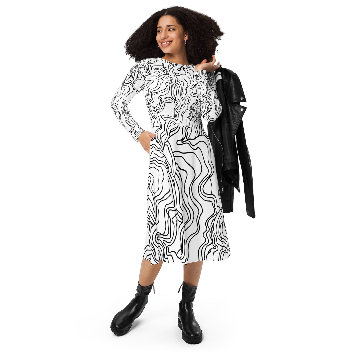 All-over print long sleeve midi dress