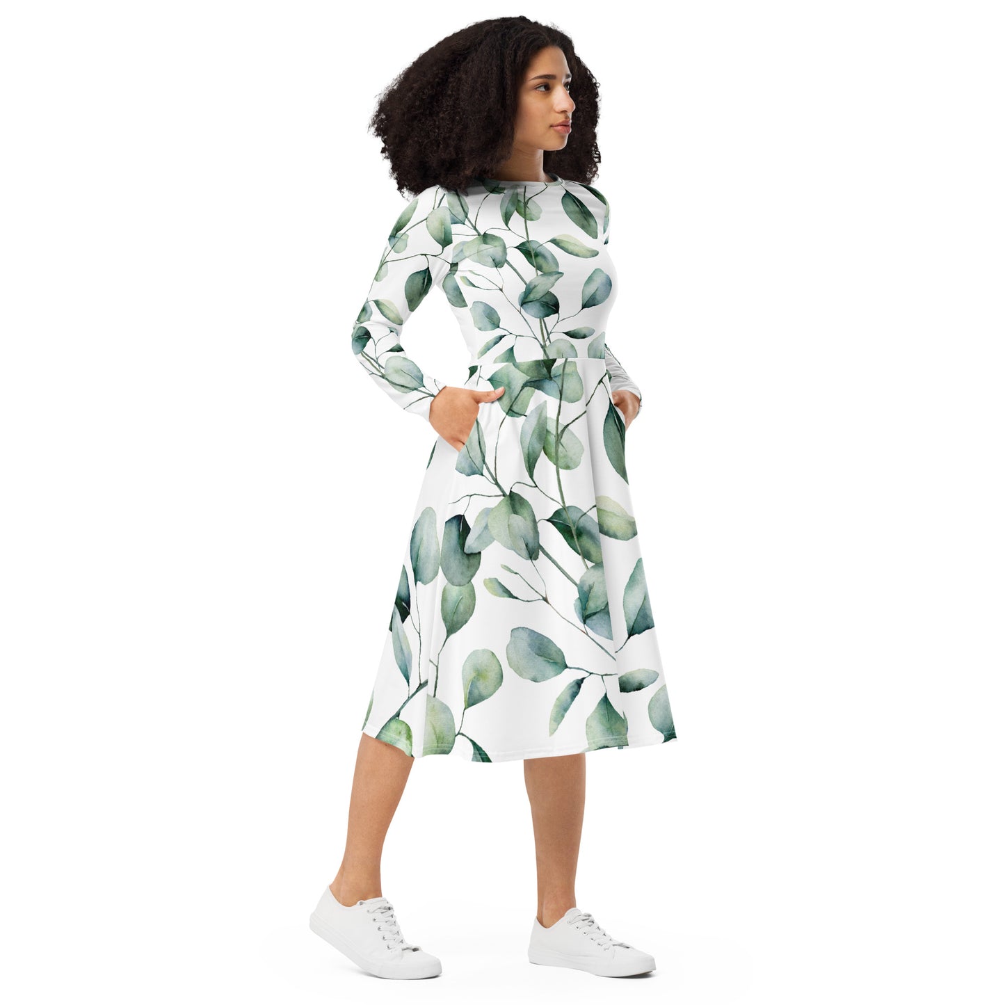 All-over print long sleeve midi dress